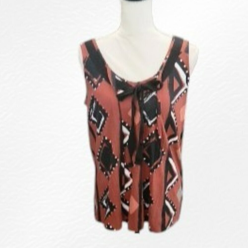 a.n.a. Scoop Neck Brown & Black Aztec Design Sleeveless Top with Tie in‎ Front